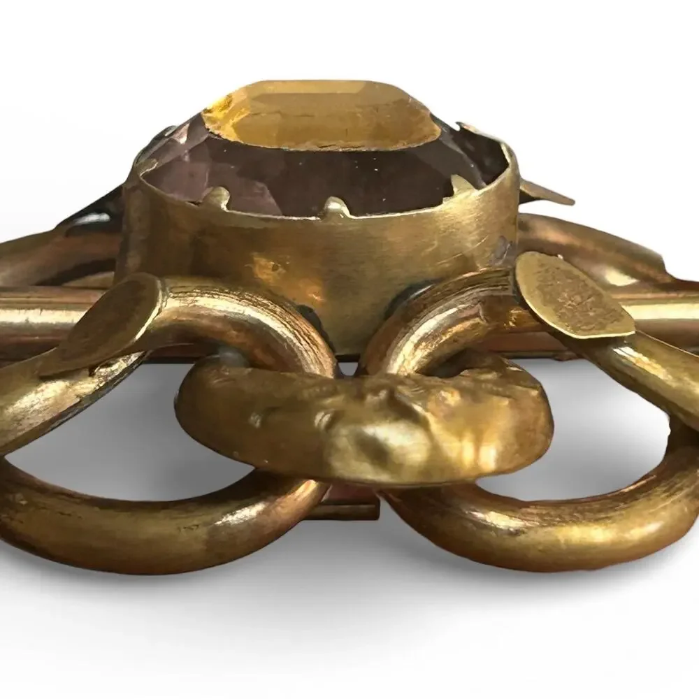 Victorian Gold Filled Lover's Knot Brooch, Faceted Paste Glass Center